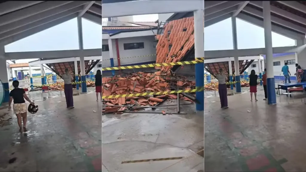 Telhado de escola infantil cai durante chuva em Imperatriz e aulas são suspensas 6 Telhado destruído da área de recreação da Escola Municipal de Educação Infantil Jackson Lago, em Imperatriz, no Maranhão, após colapso causado por chuvas e ventos fortes