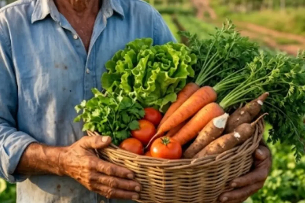 Prefeitura de São Francisco do Maranhão abre chamada pública para compra de alimentos da agricultura familiar 1 Agricultor familiar exibe uma cesta com vegetais e hortaliças frescas, representando os produtos locais que podem ser adquiridos para a merenda escolar no Maranhão.