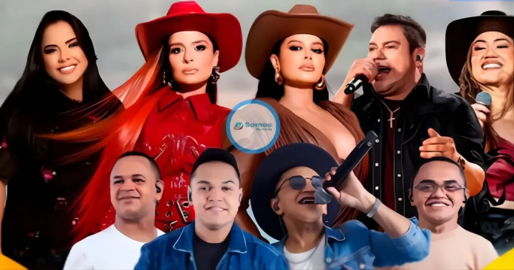 Montagem de fotos com cantores e cantoras de música sertaneja e forró, alguns usando chapéus de cowboy e segurando microfones