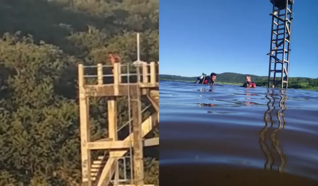 Montagem de fotos. Esquerda: pessoas no alto de uma torre. Direita: mergulhadores em um rio.