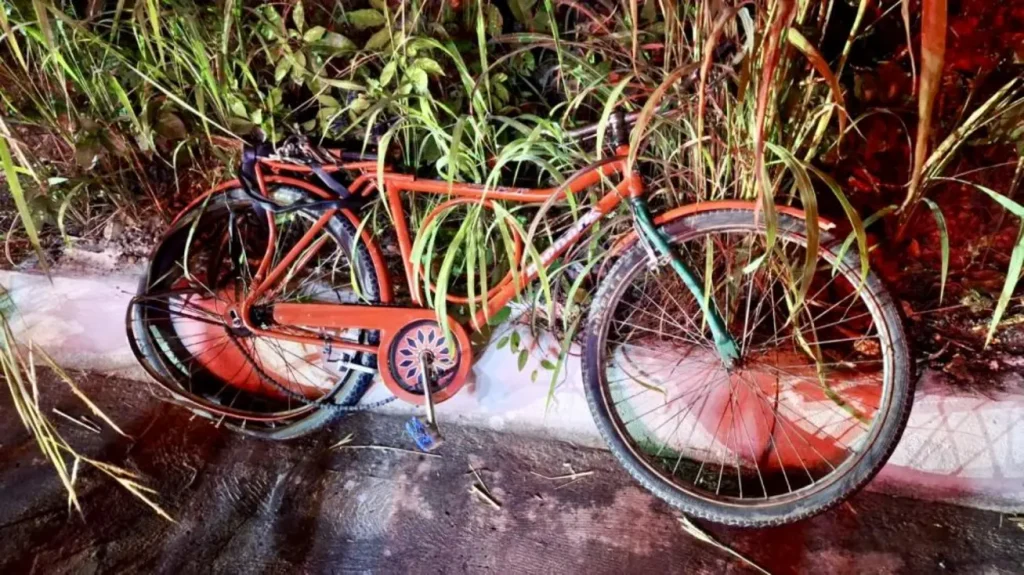 Motociclista morre na pi-231: Bicicleta laranja caída no chão entre a grama