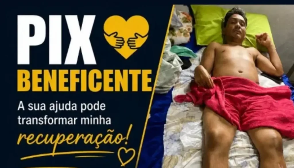 Atropelado durante trabalho de sinalização, piauiense tem múltiplas fraturas e precisa de ajuda 2 Homem deitado em cama com toalha vermelha, ao lado de banner de campanha 'PIX Beneficente' para recuperação.