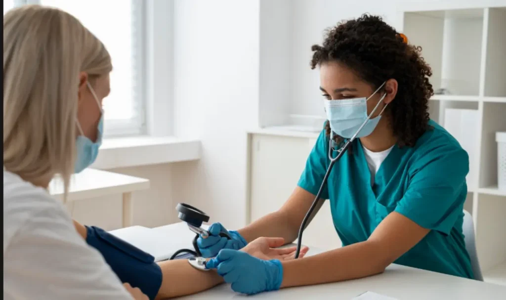 Na imagem, profissional da saúde preventiva atendendo paciente
