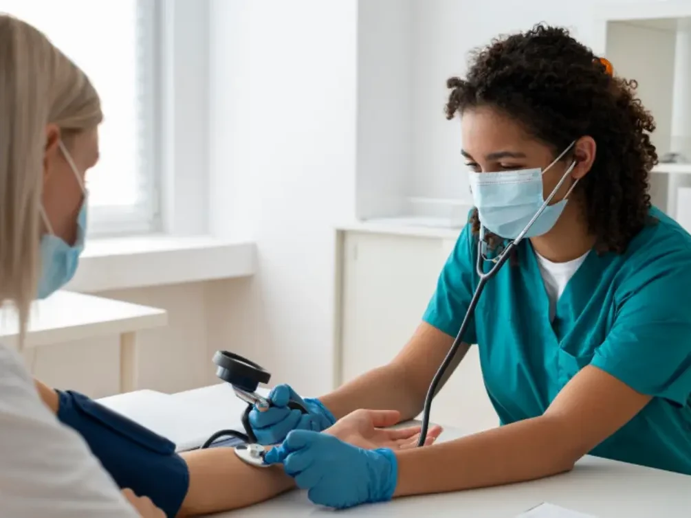 Na imagem, profissional da saúde preventiva atendendo paciente