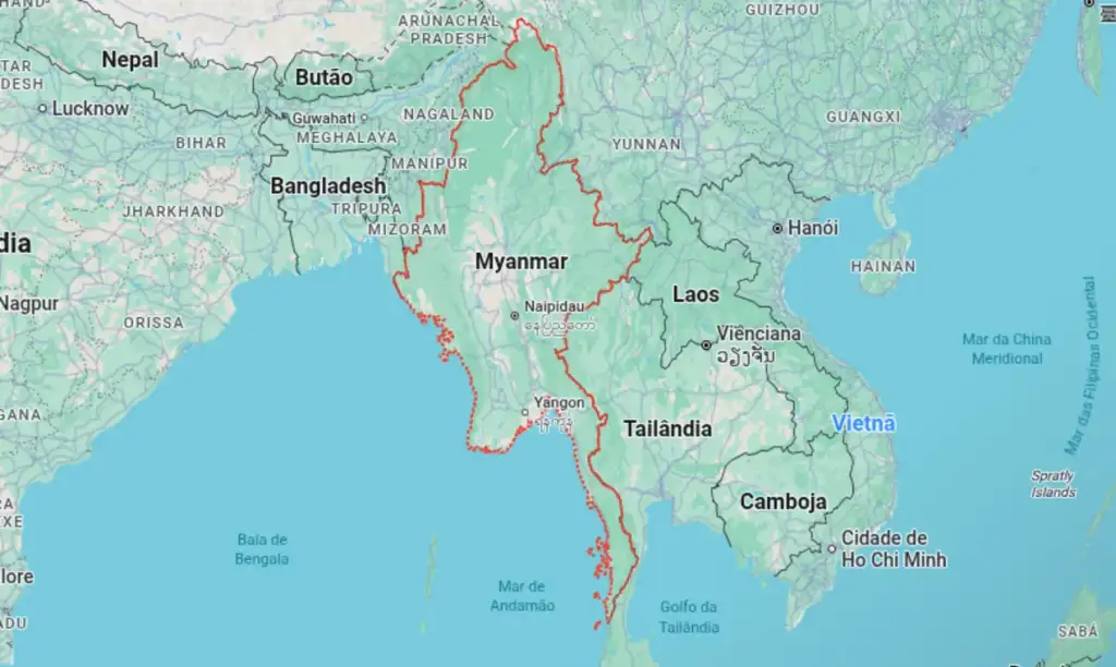 Mapa político de Mianmar e países vizinhos na Ásia