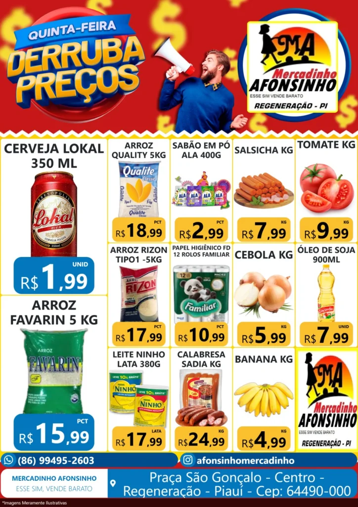Encarte de ofertas Quinta-feira Derruba Preços do Mercadinho Afonsinho, Regeneração-PI, com produtos como cerveja Lokal R$1,99, arroz Favarin 5kg R$15,99, tomate R$9,99/kg e outros itens em promoção
