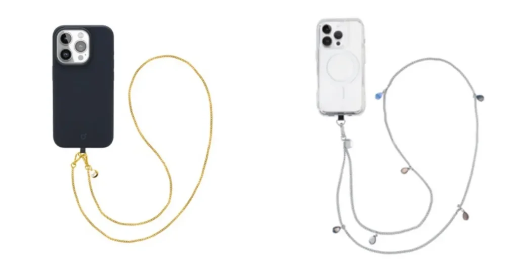 Alças para celular: mais segurança, mobilidade e conforto no uso diário 1 Duas capas para iPhone com cordões: uma preta com corrente dourada e uma transparente com MagSafe e cordão prateado com pingentes coloridos