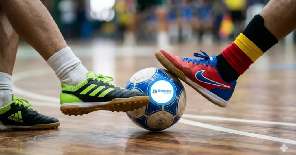 Pés de dois jogadores de futsal com chuteiras coloridas e bola com logo Somos Noticia em quadra de madeira.