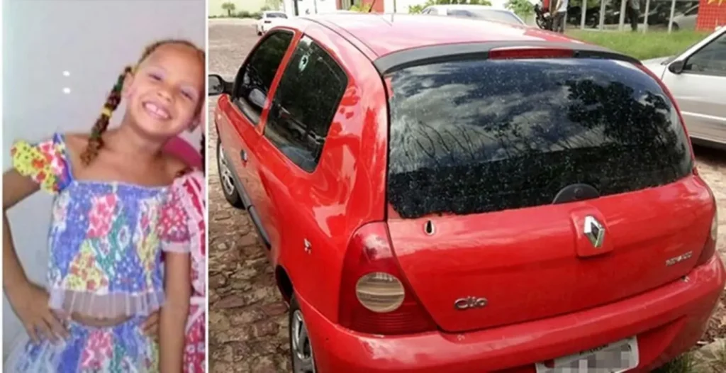 Montagem com foto de menina sorridente em vestido junino e carro vermelho com marca de tiro na janela.