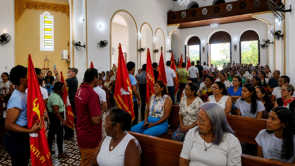 Fiéis em procissão com bandeiras vermelhas do Divino Espírito Santo durante cerimônia em Amarante