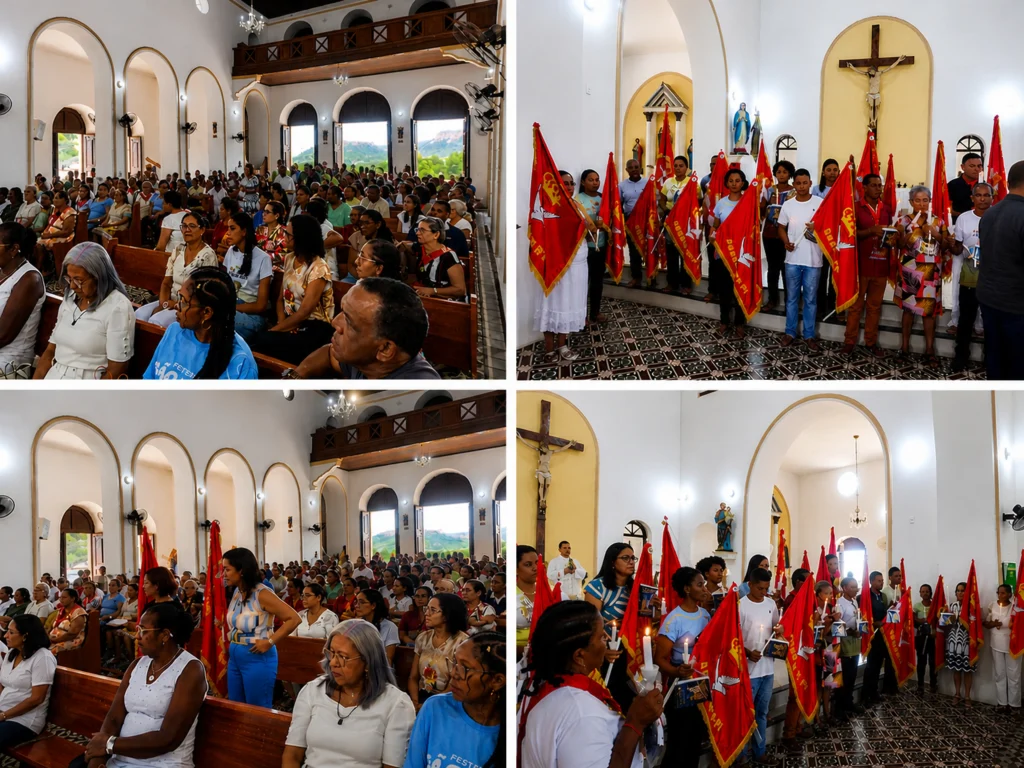 Padre abençoando bandeiras do Divino em cerimônia religiosa