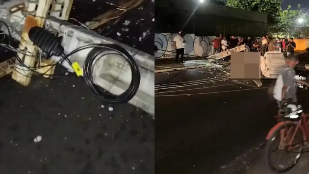 Adolescente morre atingido por transformador em teresina: Pessoas observam destroços e cabos caídos na rua à noite
