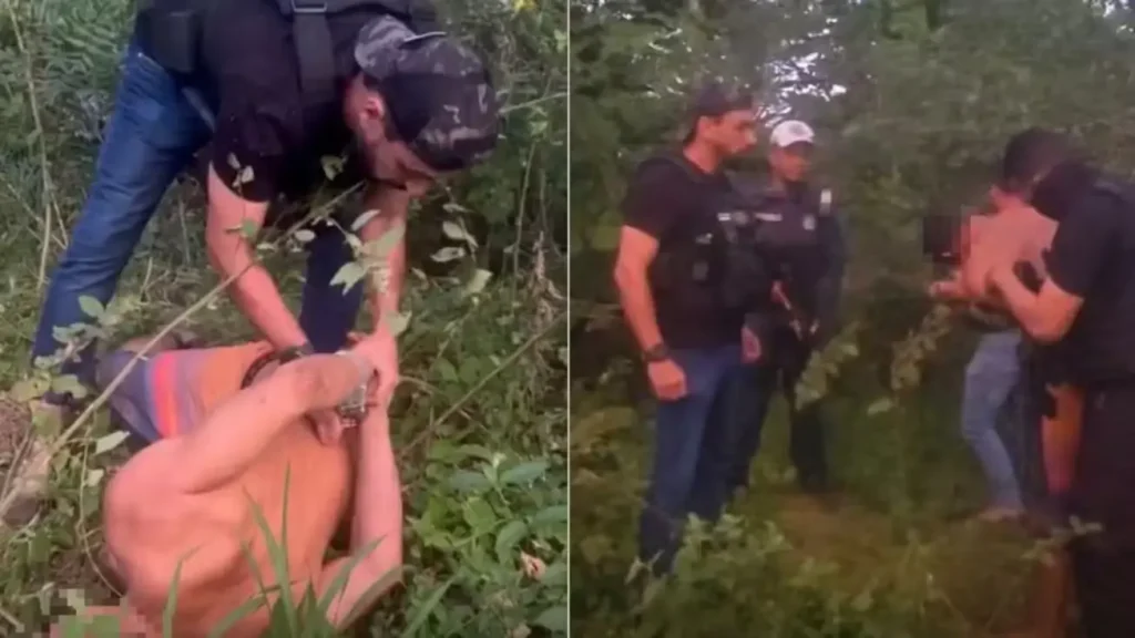 Policiais prendem suspeito algemado em área de mata