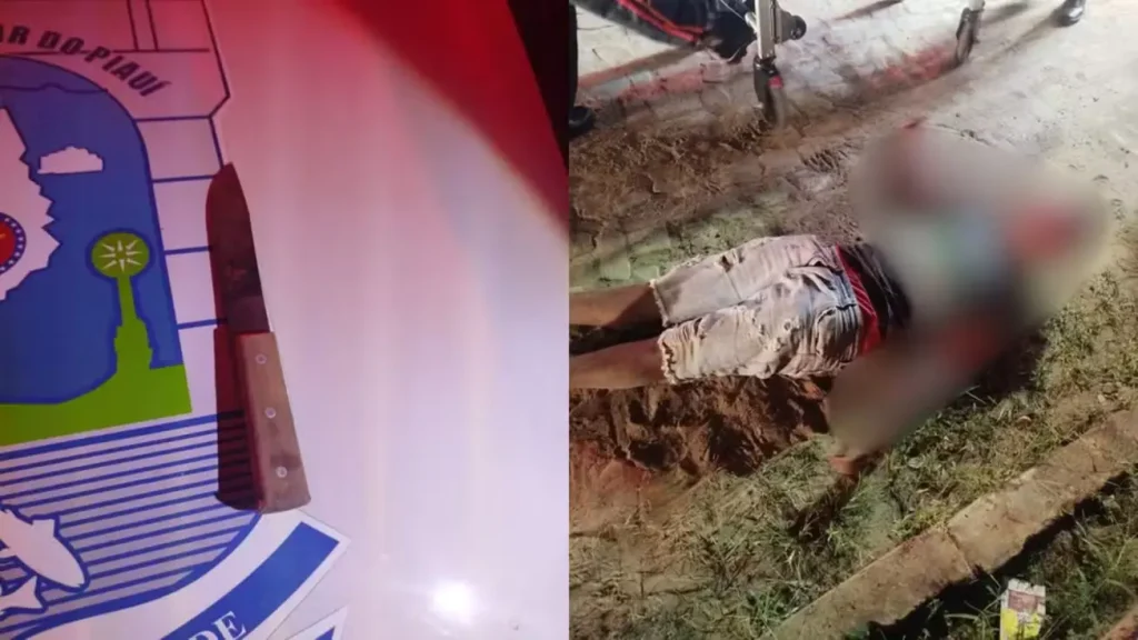 Homem espancado em regeneração: Faca e corpo de pessoa no chão em cena de crime