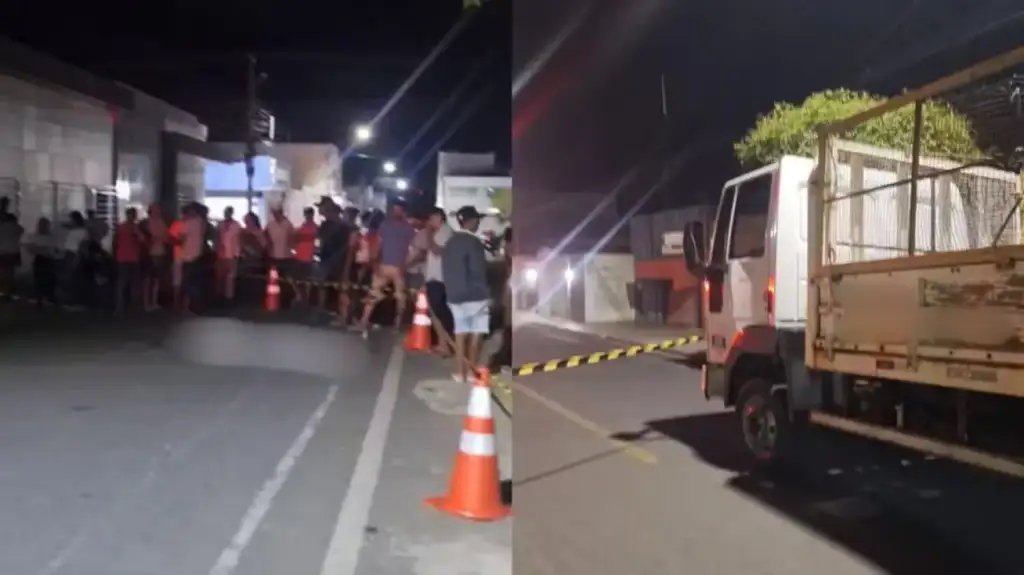Gari morre atropelado em simões: Pessoas aglomeradas em rua com fita de isolamento e caminhão