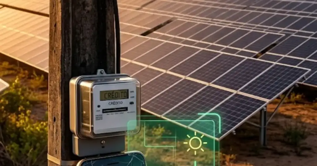 Energia renovável piauí: Medidor de energia e painéis solares gerando eletricidade