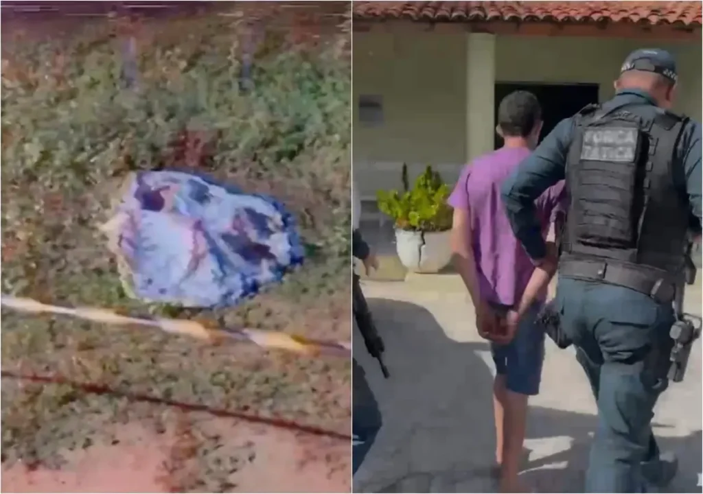 Cena dividida: corpo coberto em chão com fita de isolamento e homem algemado sendo escoltado por policial.