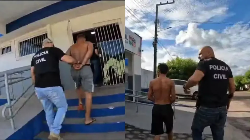 Policial Civil escolta homem algemado em duas cenas