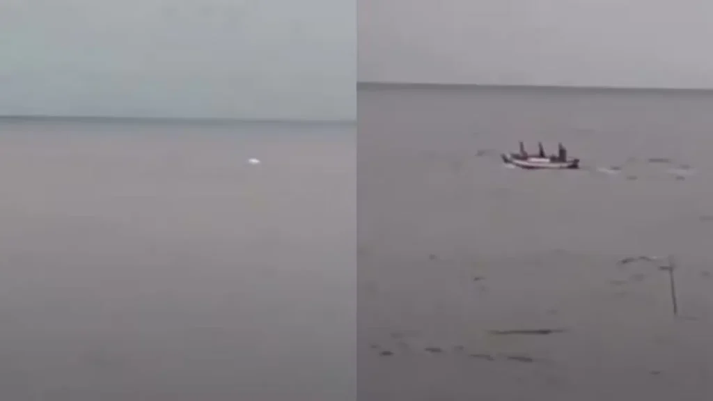 Montagem de cenas marítimas com barco e pessoas