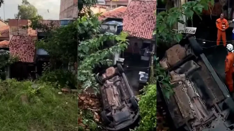 Motorista perde controle, carro despenca de barranco e invade quintal de casa no bairro Alemanha, em São Luís
