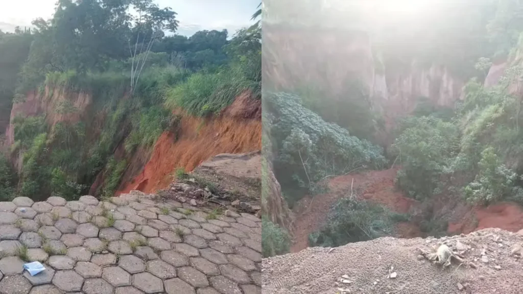 Voçoroca engole rua em Buriticupu e expõe crise de quatro décadas 6 Montagem de duas vistas de encosta com erosão severa, terra vermelha exposta e vegetação desprendida.