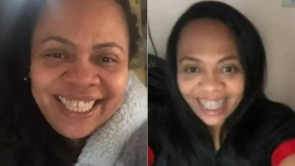 Díptico de close-ups da mesma mulher de pele morena e cabelos escuros sorrindo amplamente em duas fotos lado a lado.