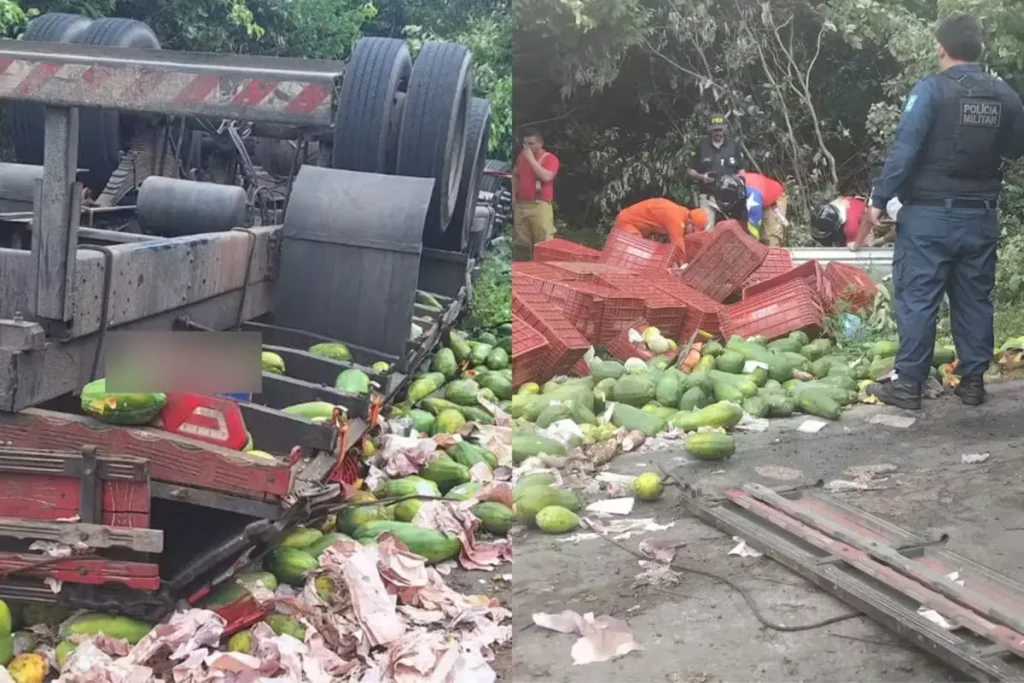 Acidente br-402 luís correia: Caminhão tombado com carga de frutas espalhadas