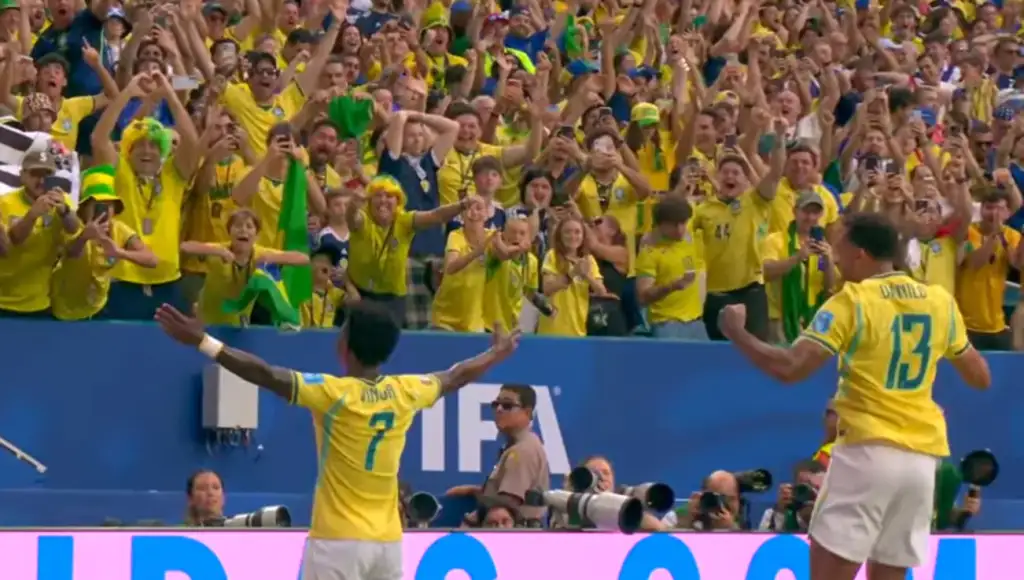 Brasil goleia escócia copa do mundo 2026: Vinícius Júnior celebra gol do Brasil contra Escócia Copa Mundo