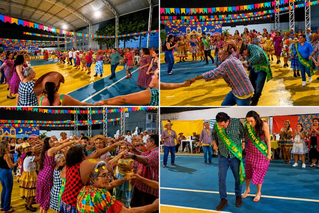 Arraial dos idosos de amarante: Pessoas dançando em festa junina com decorações coloridas