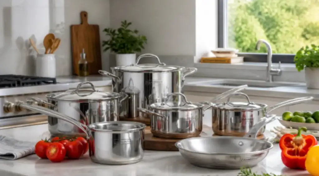 Conjunto de panelas e frigideiras de aço inoxidável sobre bancada de cozinha clara, com tomates, pimentão e ervas ao redor