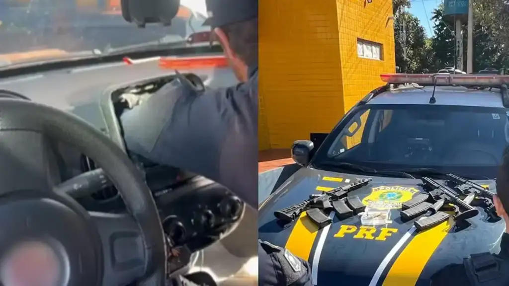 Fuzis apreendidos em fundo falso de carro em picos: Policial da PRF inspeciona veículo e exibe armas apreendidas