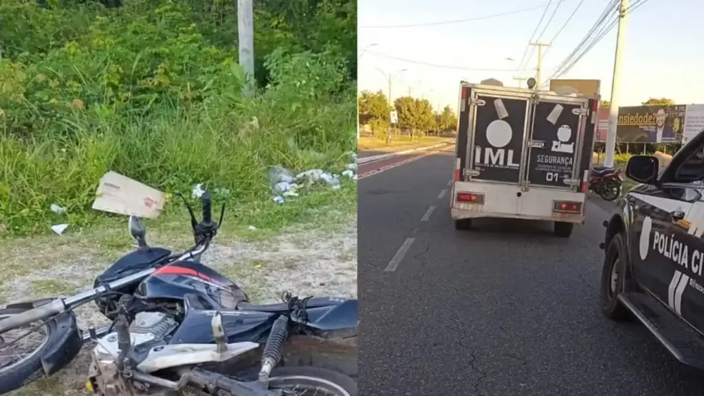 Motociclista morre em parnaíba: Motocicleta caída em acidente e viatura do IML na estrada