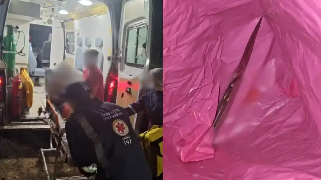 Homem esfaqueado durante cavalgada em luís correia: Equipe SAMU atende paciente em ambulância; faca em sacola