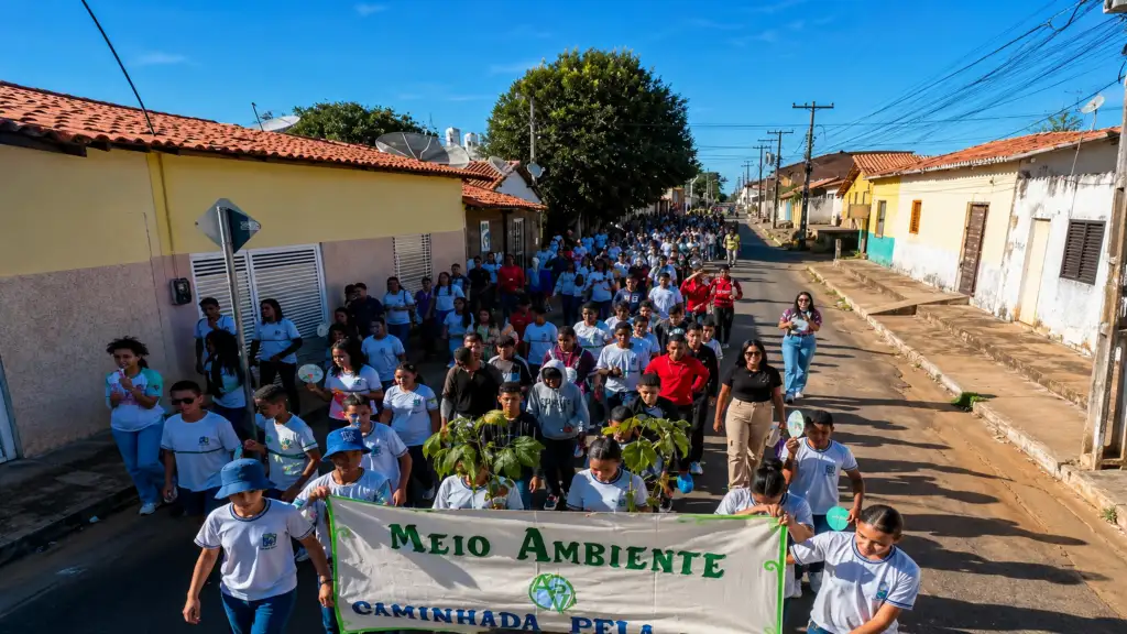 Caminhada ecológica em amarante: Estudantes marcham com faixa Meio Ambiente em rua