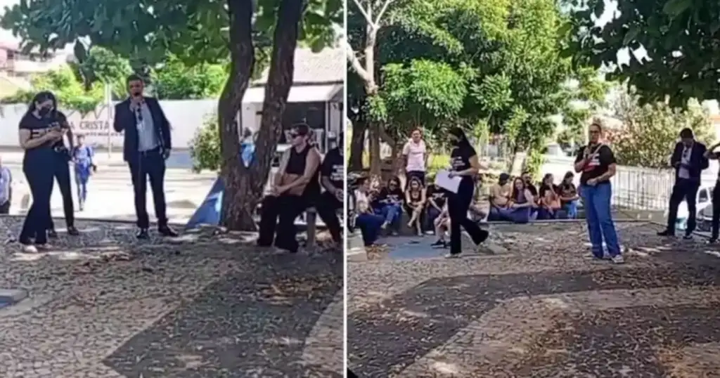 Greve da enfermagem em parnaíba: Manifestantes em greve com microfone ao ar livre