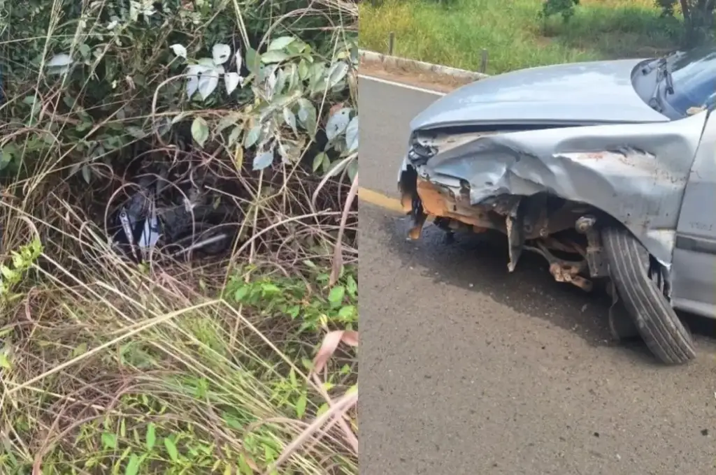 Colisão frontal em hugo napoleão: Carro acidentado e destroços de moto em vegetação