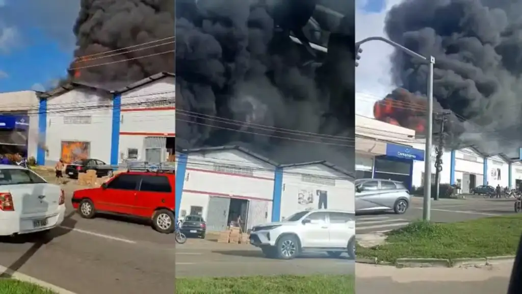 Incêndio em distribuidora de plástico no araçagi: Incêndio em prédio comercial com fumaça densa
