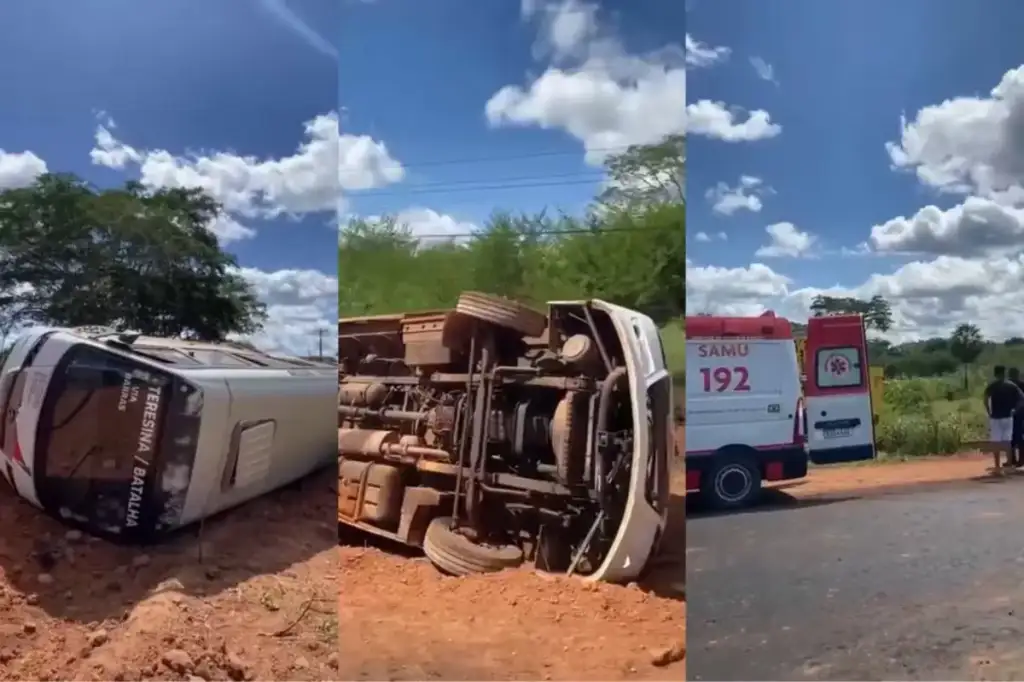 Van tomba na pi-113 em josé de freitas: Ônibus capotado e ambulância em rodovia