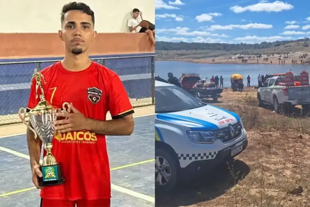 Atleta com troféu e cena de busca policial em lago