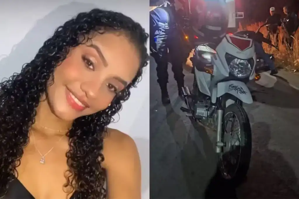 Mulher sorrindo e motocicleta com policial à noite