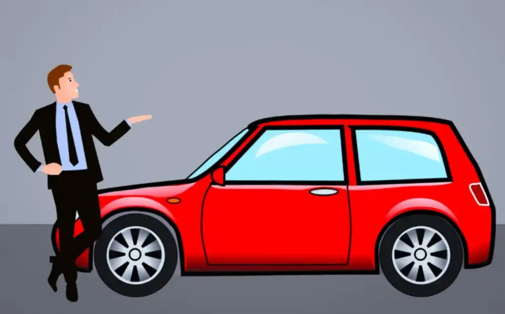 Ilustração de vendedor de terno apresentando um carro vermelho compacto
