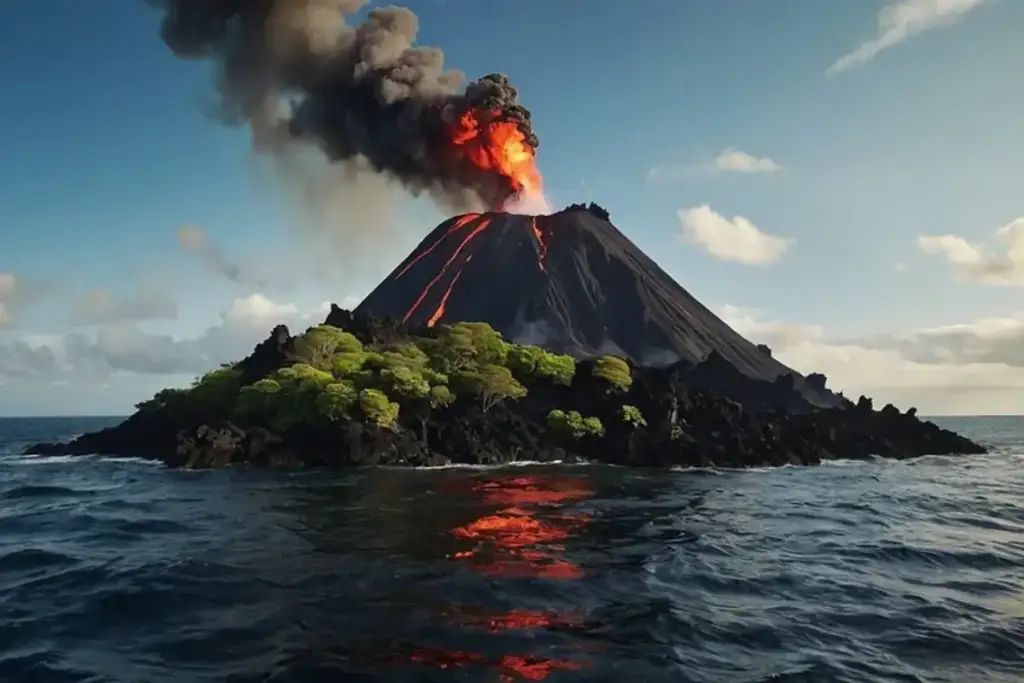 Erupção do krakatoa em 1883: Erupção vulcânica com lava e fumaça, Krakatoa 1883