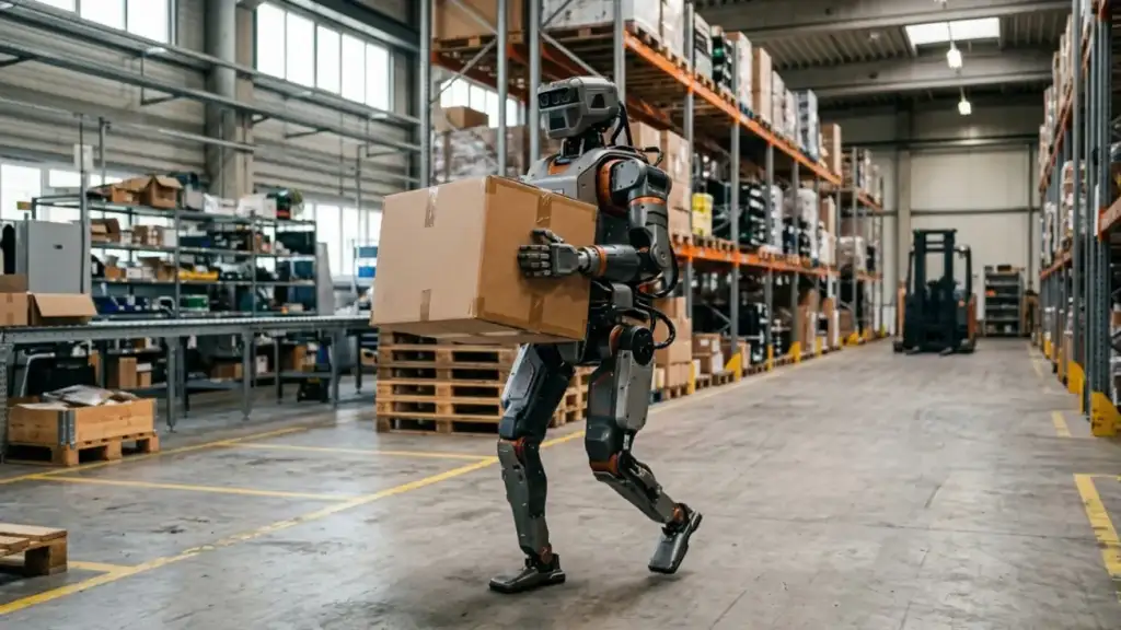 Raynex g3 robô humanoide 200 kg: Robô humanoide RayNex G3 transporta carga pesada em armazém
