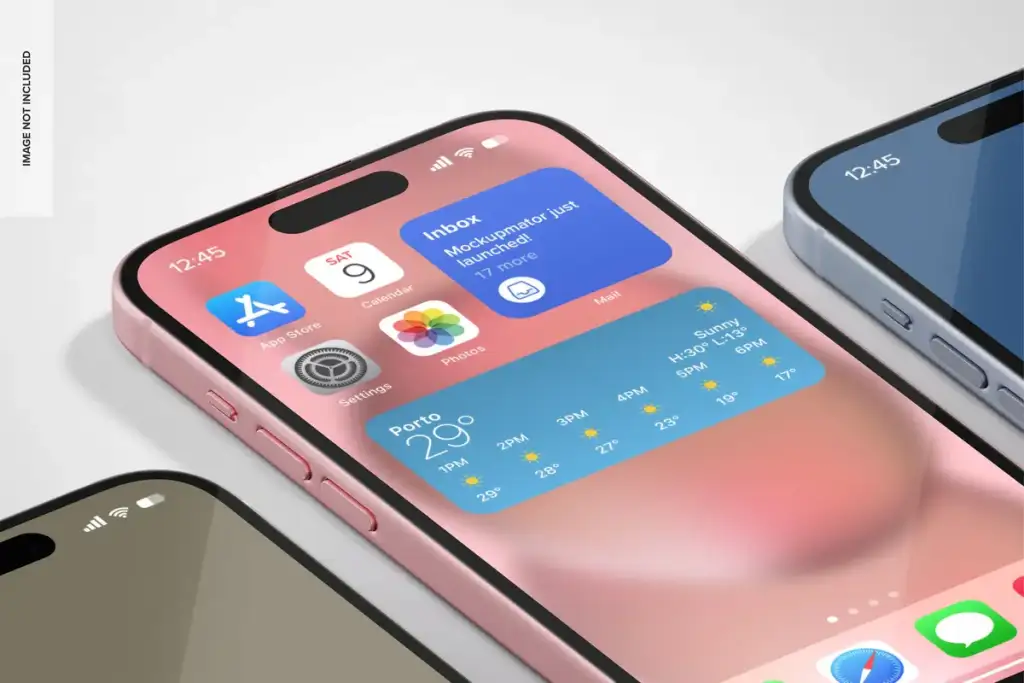 Mockup de iPhones rosa e azul mostrando tela inicial com widgets de clima, calendário e caixa de entrada
