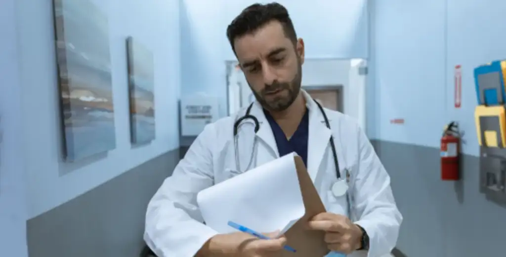 Médico com jaleco branco e estetoscópio analisando documentos em uma prancheta no corredor de um hospital