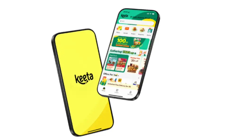 Dois smartphones exibindo o aplicativo Keeta: um com a tela inicial amarela com o logotipo e outro com a interface de delivery com ofertas e promoções