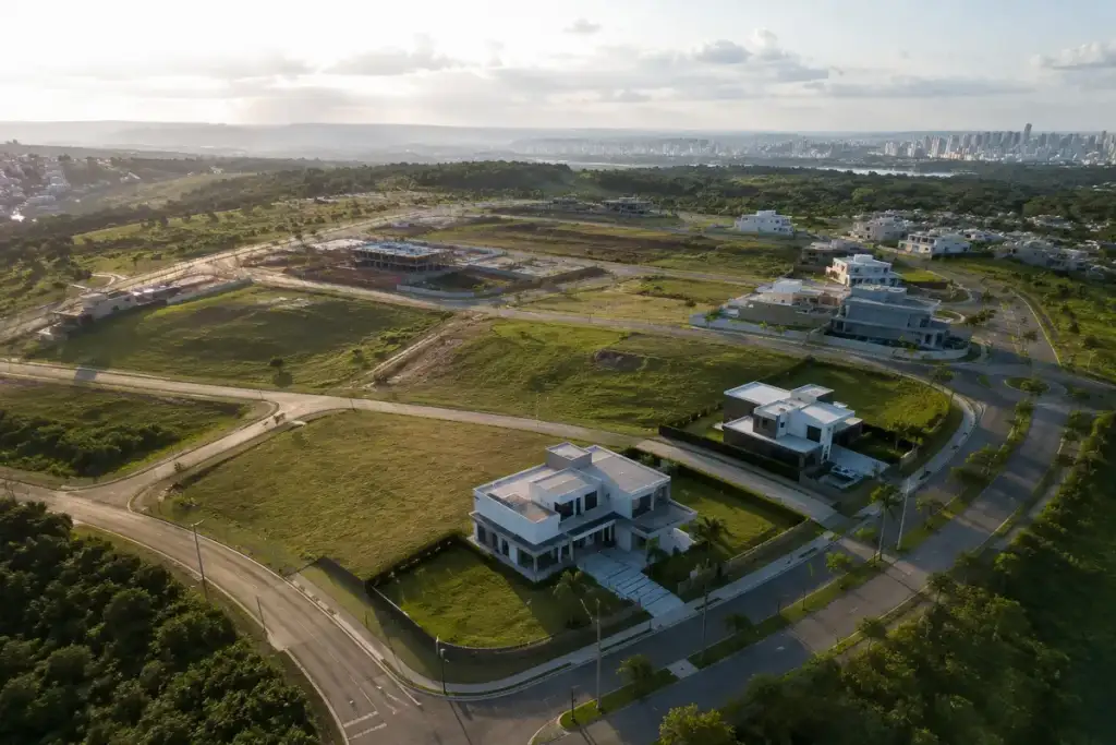 Vista aérea de loteamento residencial com casas de alto padrão, ruas curvas, lotes vazios e vegetação, com skyline da cidade ao fundo