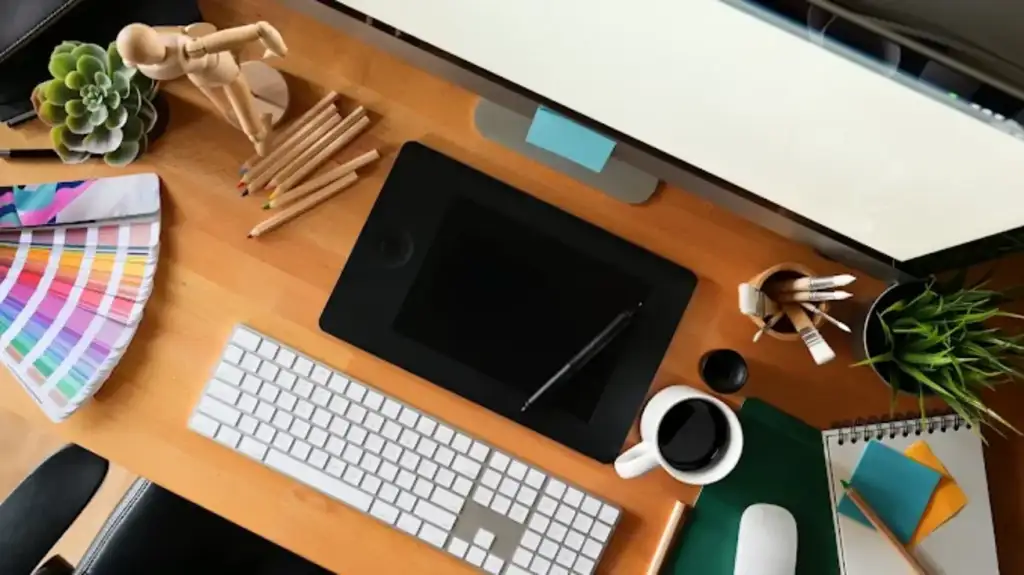 Mesa de designer vista de cima com mesa digitalizadora, teclado, monitor, paleta de cores, lápis, pincéis e café