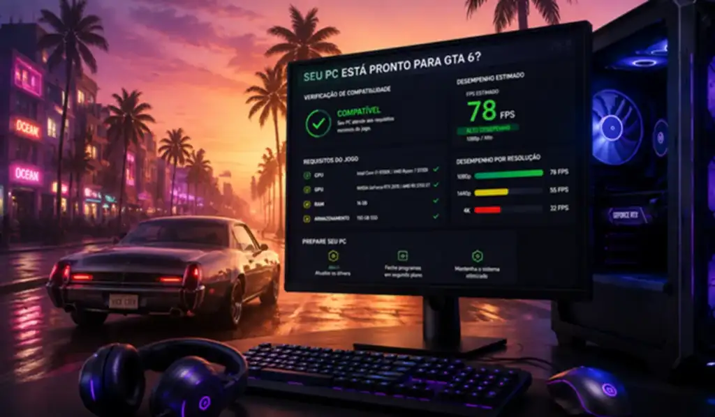 Monitor gamer exibindo verificação de compatibilidade para GTA 6: PC compatível, 78 FPS estimados em 1080p, com desempenho por resolução e requisitos do jogo listados