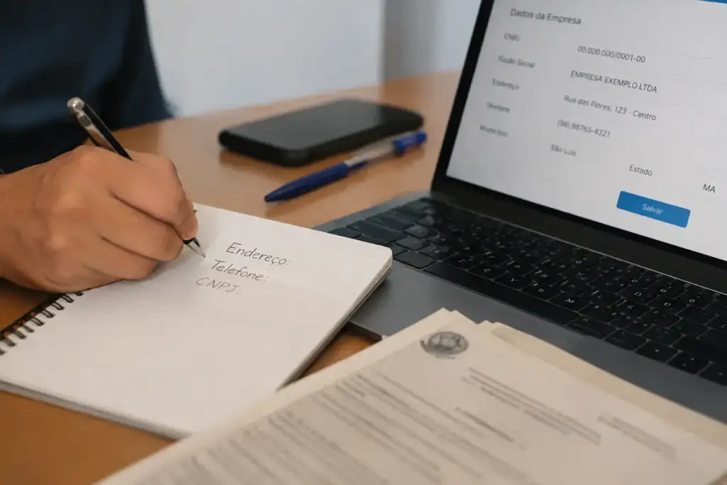 Pessoa anotando endereço, telefone e CNPJ em caderno, com notebook exibindo formulário de dados da empresa aberto ao fundo
